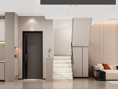 Modern Living Dining Area Interior With Marble Staircase Light Walls And Sofa 3d model