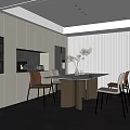 Modern Restaurant Interior With Light Colored Cabinets Marble Dining Table And Pendant Lights 3d model
