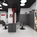 Modern Beauty Hair Salon Interior With Hexagonal Lights Red Mirrors And Barber Chairs