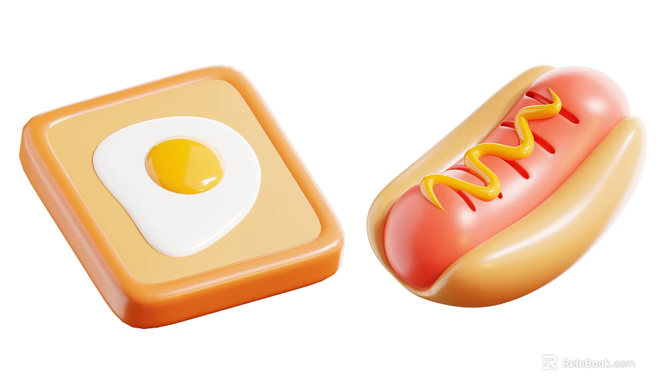 Fried Egg On Square Base And Hot Dog With Yellow Mustard Topping 3d model 