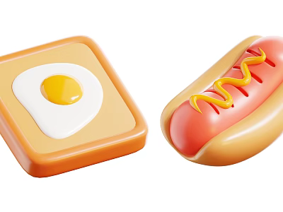 Fried Egg On Square Base And Hot Dog With Yellow Mustard Topping 3d model