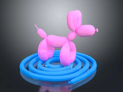Pink Balloon Dog Standing On Blue Spiral Object With Black Background 3d model