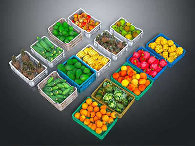 Fresh Assorted Fruits in Colorful Crates with Various Types Like Oranges Apples and Bananas 3d model