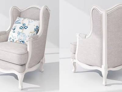 Vintage Style Single Sofa With White Wooden Frame Carved Details And Blue White Floral Cushion 3d model