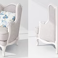 Vintage Style Single Sofa With White Wooden Frame Carved Details And Blue White Floral Cushion