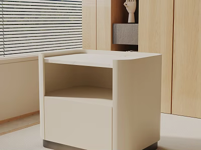 Modern Minimalist Beige Nightstand Design With Drawer And Open Shelf In Bedroom 3d model