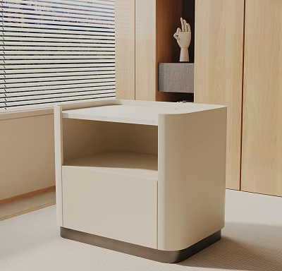 Modern Minimalist Beige Nightstand Design With Drawer And Open Shelf In Bedroom 3d model