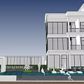 Modern White Detached Villa With Large Glass Windows Balconies And Palm Trees Outdoor Leisure Area