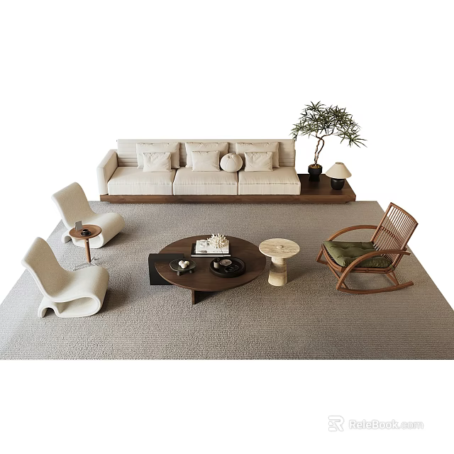 Modern Beige Sofa and Round Coffee Table Set with Accent Chairs Green Plant and Rug 3d model 