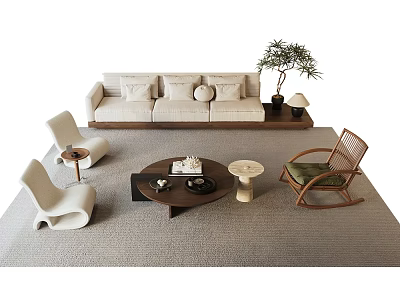 Modern Beige Sofa and Round Coffee Table Set with Accent Chairs Green Plant and Rug 3d model