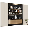 Modern Display Cabinet With Black And Beige Panels Layered Shelves Books Decor And Coffee Machine