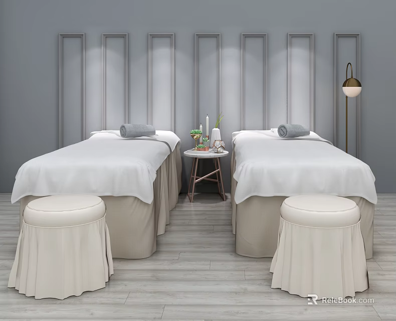 Two Massage Beds With White Sheets Stools Table Candles Plants Gray Wall Panels Floor Lamp 3d model 