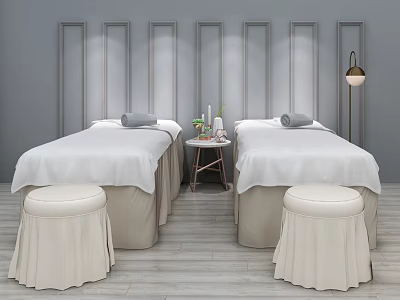 Two Massage Beds With White Sheets Stools Table Candles Plants Gray Wall Panels Floor Lamp 3d model