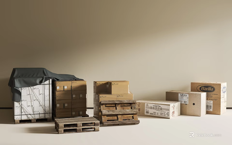 Warehouse Storage Shelf with Black Cover and Stacked Cartons Wooden Boxes 3d model 