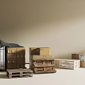 Warehouse Storage Shelf with Black Cover and Stacked Cartons Wooden Boxes