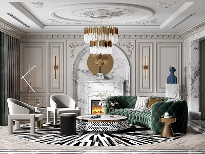 Elegant Modern Living Room Interior Design With Green Velvet Sofa Marble Fireplace And Chandelier 3d model