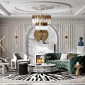 Elegant Modern Living Room Interior Design With Green Velvet Sofa Marble Fireplace And Chandelier