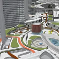 Urban Commercial Complex With High Rise Towers Connecting Walkways And Open Plazas