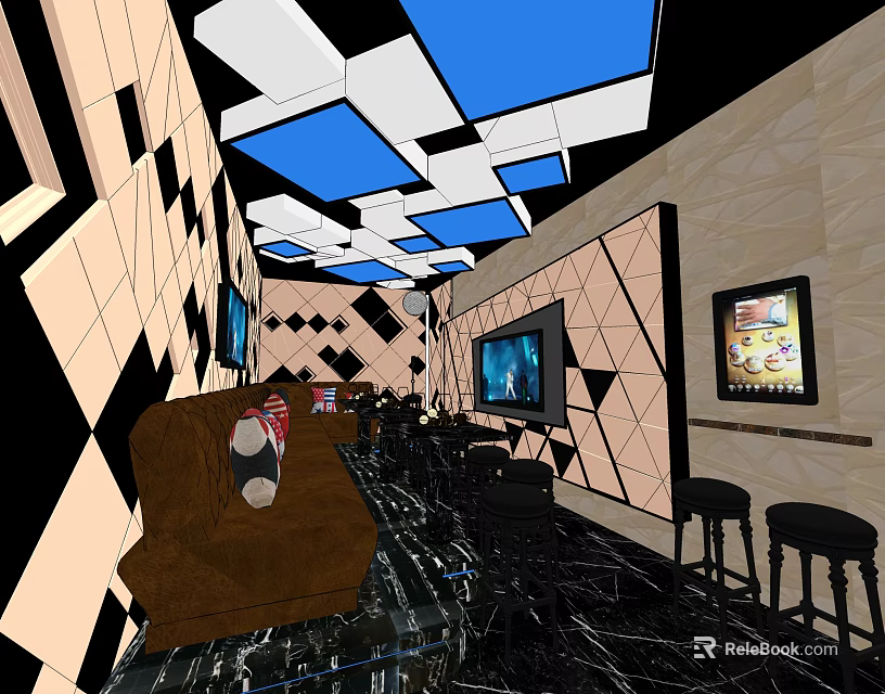 KTV Room Interior Design With Brown Sofa TV Screens And Geometric Wall Patterns 3d model 