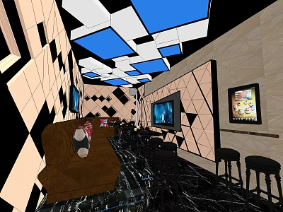 KTV Room Interior Design With Brown Sofa TV Screens And Geometric Wall Patterns 3d model