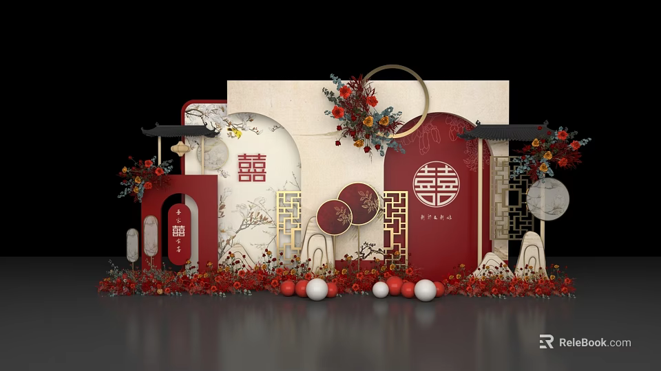 Traditional Chinese Floral Decoration With Double Happiness Red Gold Ornaments And Circular Lanterns 3d model 