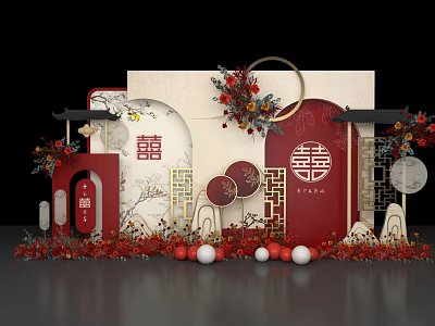 Traditional Chinese Floral Decoration With Double Happiness Red Gold Ornaments And Circular Lanterns 3d model