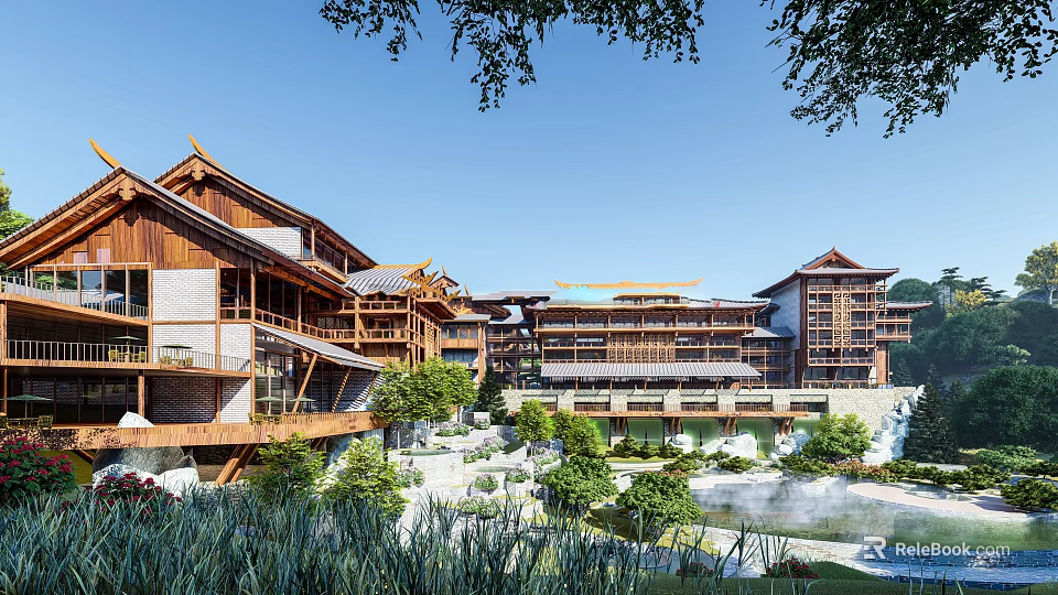 Traditional Multi Story Hotel Building With Wooden Structure Surrounded by Trees Ponds and Gardens 3d model 