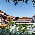 Traditional Multi Story Hotel Building With Wooden Structure Surrounded by Trees Ponds and Gardens