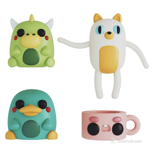 Cute Plush Toys Collection With Green Horned White Cat Blue Duck And Pink Cup Designs 3d model 