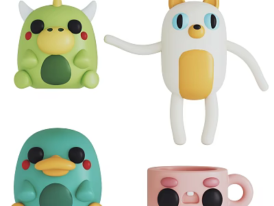 Cute Plush Toys Collection With Green Horned White Cat Blue Duck And Pink Cup Designs 3d model