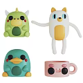 Cute Plush Toys Collection With Green Horned White Cat Blue Duck And Pink Cup Designs