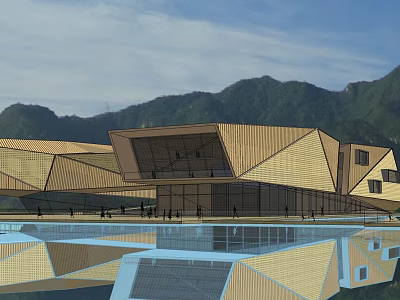 Modern Geometric Architecture With Wooden Facade Mountain View Water Reflection And Visitors 3d model