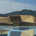 Modern Geometric Architecture With Wooden Facade Mountain View Water Reflection And Visitors