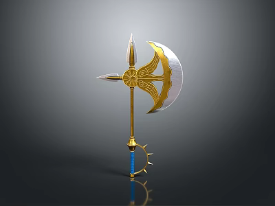 Decorative Weapon With Spiked Top Golden Handle Silver Blade Intricate Patterns And Blue Accents 3d model