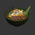 Delicious Ramen Bowl With Sliced Meat Soft Boiled Eggs Green Onions Chopsticks And Spoon