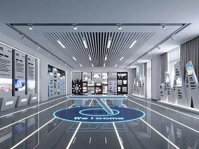 Modern Exhibition Hall Interior Design With Lighting Display Cabinets And Welcome Projection 3d model