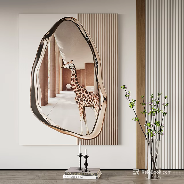 Unique Irregular Mirror Design Featuring Giraffe Reflection In Modern Indoor Decor With Plant 3d model 