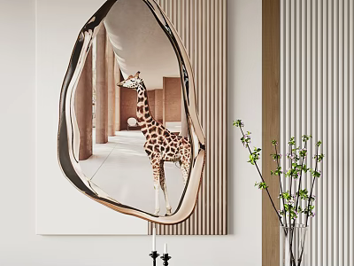 Unique Irregular Mirror Design Featuring Giraffe Reflection In Modern Indoor Decor With Plant 3d model