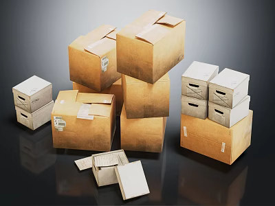 Stacked Cardboard Boxes of Various Sizes with Labels and Open Tops on Dark Surface 3d model