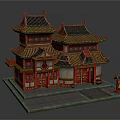 Cartoon Style Chinese Traditional Building with Multi tiered Roofs Red Gold Decorations and Small Lantern