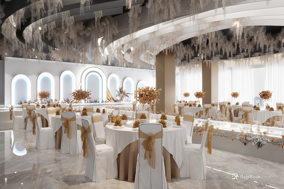 Elegant Banquet Hall Interior With Round Tables White Tablecloths Gold Ribbons And Chandeliers 3d model 