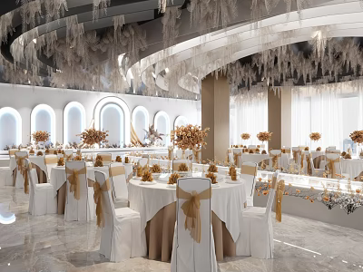 Elegant Banquet Hall Interior With Round Tables White Tablecloths Gold Ribbons And Chandeliers 3d model