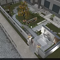 Modern Villa Black Iron Entrance Gate With Golden Decorations Lamps On Stone Pillars And Bench