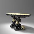 Modern Artistic Black Gold Dining Table With Round Speckled Top And Stacked Spheres Base