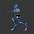 Blue Mechanical Robot Character With Red Arm Standing On Dark Reflective Surface