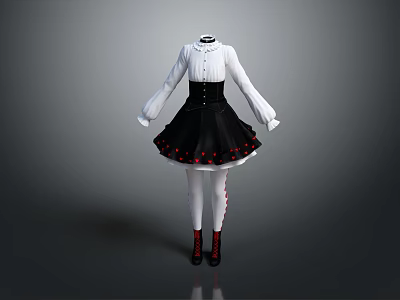 Elegant White Blouse Paired With Black Skirt Red Accents White Tights And Red Shoes 3d model