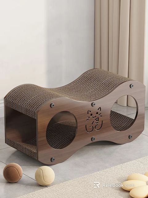 Cat Scratcher Pet Toy With Wave Design Corrugated Paper Wooden Frame And Cat Pattern 3d model 