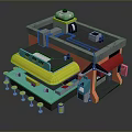 Colorful Multi Level 3D Building Model In Cartoon Style With Yellow Blue Awnings And Stools