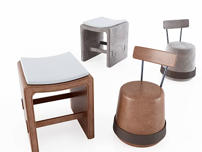 Modern Stools With Different Designs Wood Leather And Backrest For Home Decor 3d model