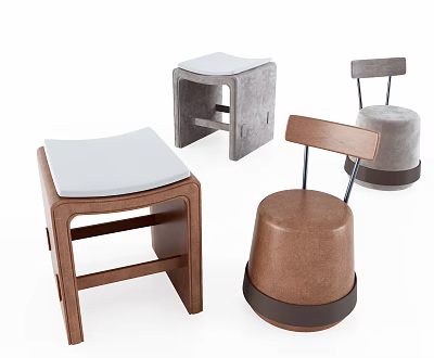 Modern Stools With Different Designs Wood Leather And Backrest For Home Decor 3d model